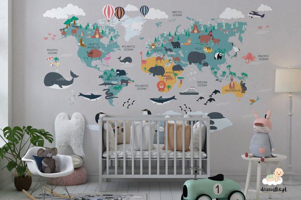 colorful world map with animals and ships on a gray background - children’s wall mural