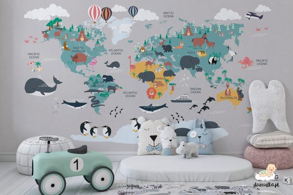 colorful world map with animals and ships on a gray background - children’s wall mural