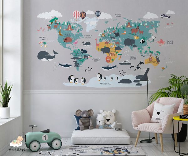 colorful world map with animals and ships on a gray background - children’s wall mural