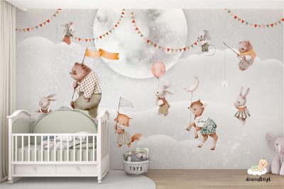 animals with decorations against the backdrop of the full moon - children’s wall mural