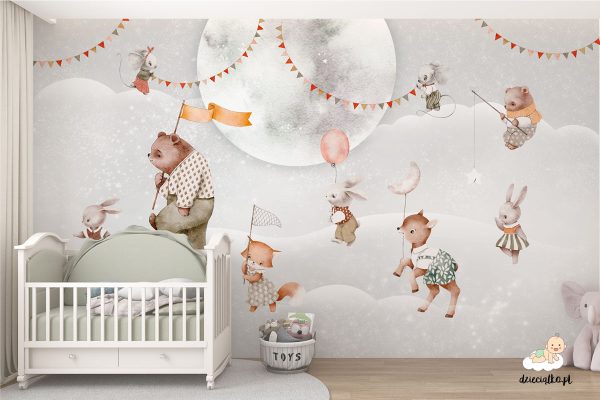 animals with decorations against the backdrop of the full moon - children’s wall mural