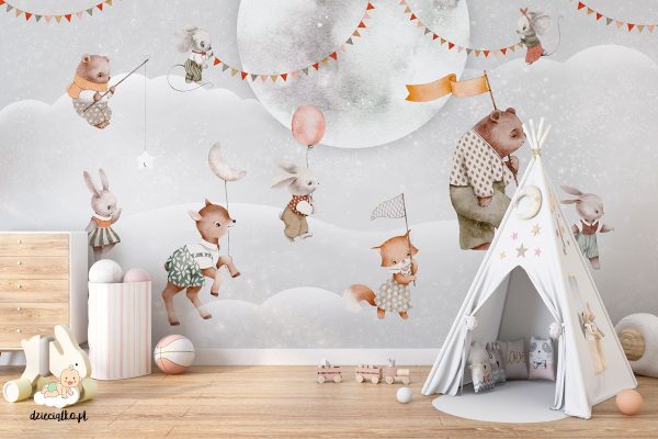 animals with decorations against the backdrop of the full moon - children’s wall mural