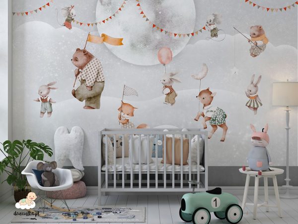 animals with decorations against the backdrop of the full moon - children’s wall mural