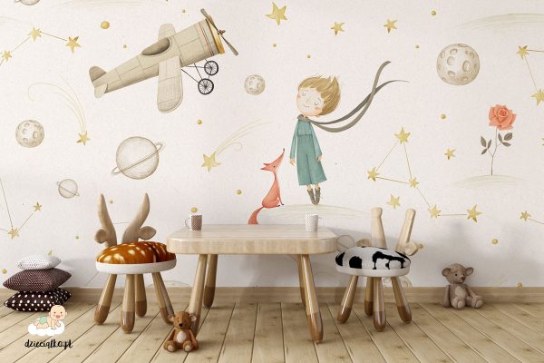 boy, red fox, airplane against the backdrop of planets and stars - children’s wall mural