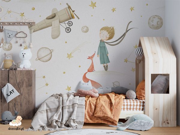 boy, red fox, airplane against the backdrop of planets and stars - children’s wall mural