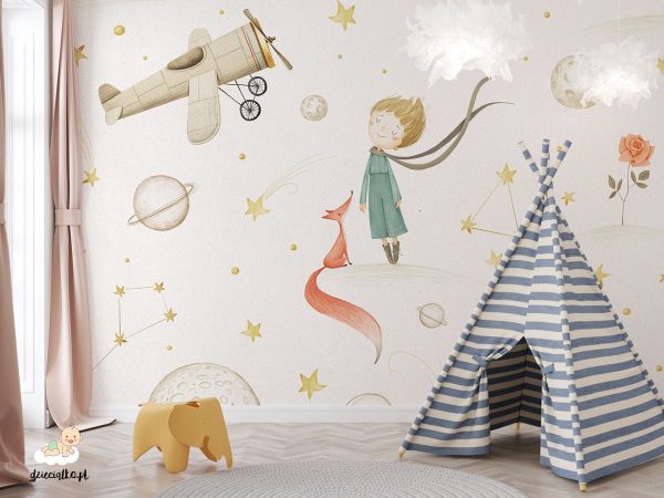 boy, red fox, airplane against the backdrop of planets and stars - children’s wall mural