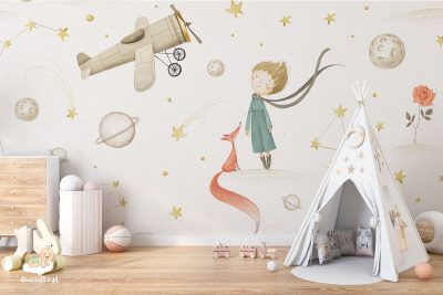 boy, red fox, airplane against the backdrop of planets and stars - children’s wall mural
