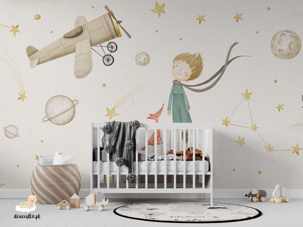 boy, red fox, airplane against the backdrop of planets and stars - children’s wall mural