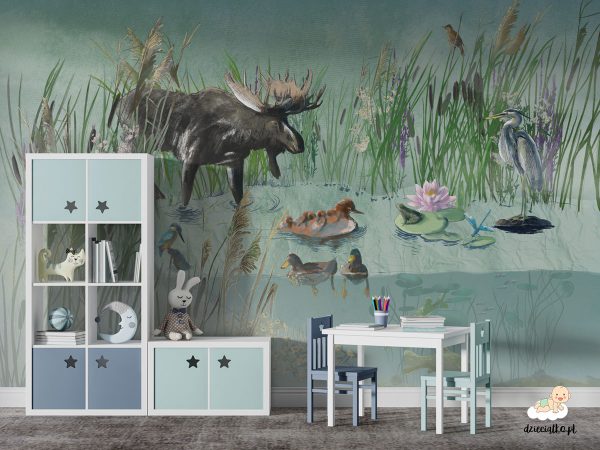 colorful pond full of plants and animals - children’s wall mural