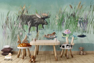 colorful pond full of plants and animals - children’s wall mural