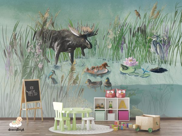 colorful pond full of plants and animals - children’s wall mural