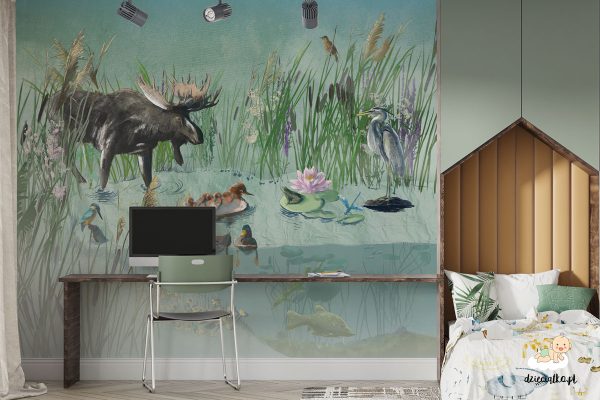 colorful pond full of plants and animals - children’s wall mural