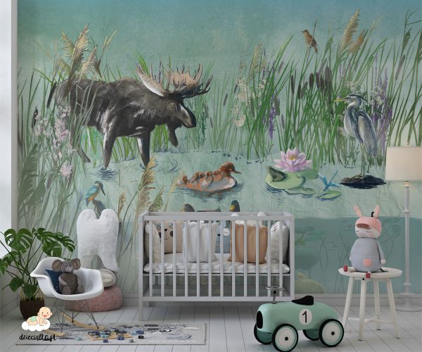 colorful pond full of plants and animals - children’s wall mural