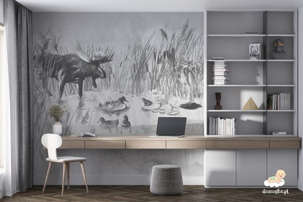 pond full of plants and animals in shades of gray - children’s wall mural