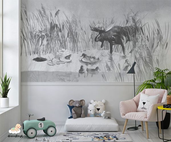 pond full of plants and animals in shades of gray - children’s wall mural