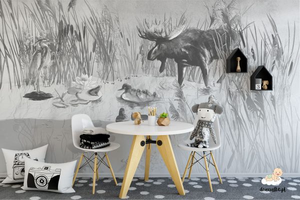 pond full of plants and animals in shades of gray - children’s wall mural