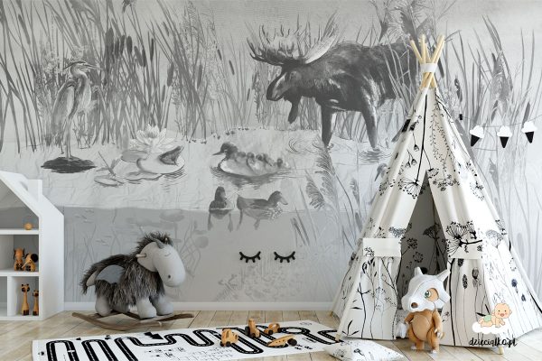 pond full of plants and animals in shades of gray - children’s wall mural