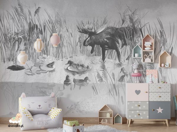 pond full of plants and animals in shades of gray - children’s wall mural