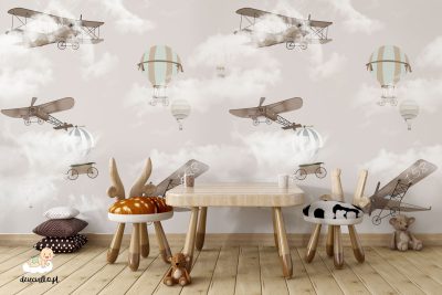 retro planes and balloons in the clouds - children’s wall mural