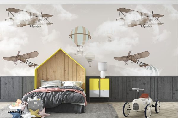 retro planes and balloons in the clouds - children’s wall mural