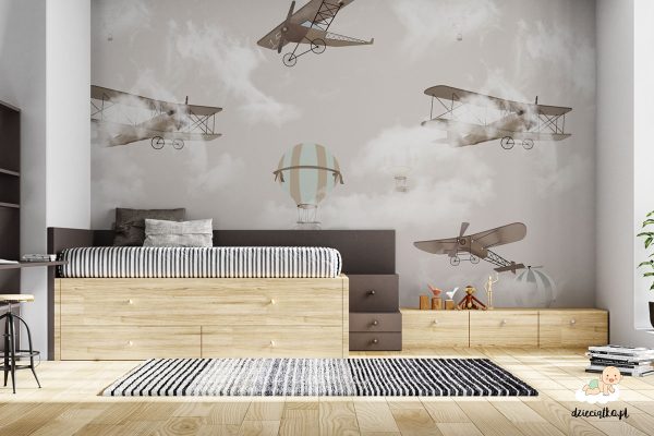 retro planes and balloons in the clouds - children’s wall mural