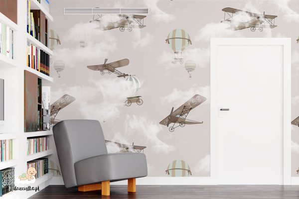 retro planes and balloons in the clouds - children’s wall mural