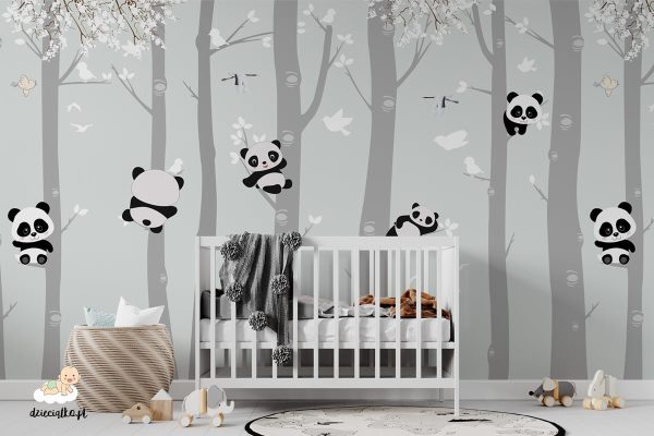 cute pandas in the trees - children’s wall mural