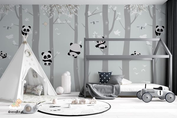 cute pandas in the trees - children’s wall mural