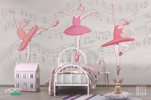 ballerinas dancing on a gray background filled with musical notes - children’s wall mural