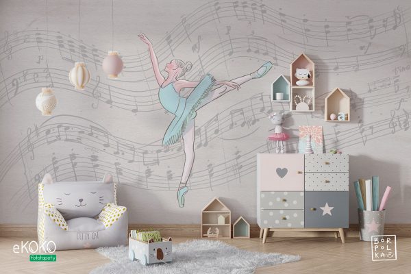 ballerinas dancing on a gray background filled with musical notes - children’s wall mural