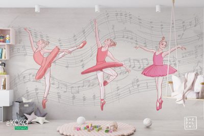 ballerinas dancing on a gray background filled with musical notes - children’s wall mural