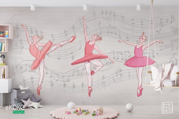 ballerinas dancing on a gray background filled with musical notes - children’s wall mural