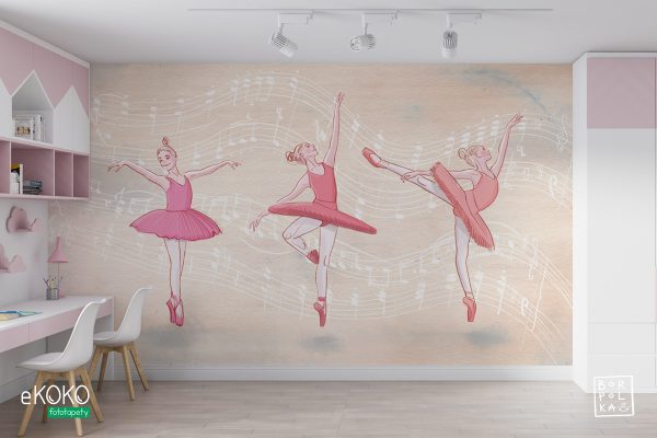 ballerinas dancing on an orange background filled with musical notes - children’s wall mural