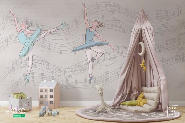 ballerinas dancing on a gray background filled with musical notes - children’s wall mural