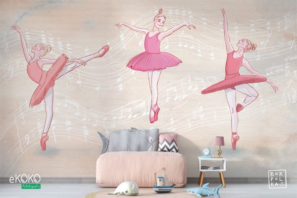 ballerinas dancing on an orange background filled with musical notes - children’s wall mural