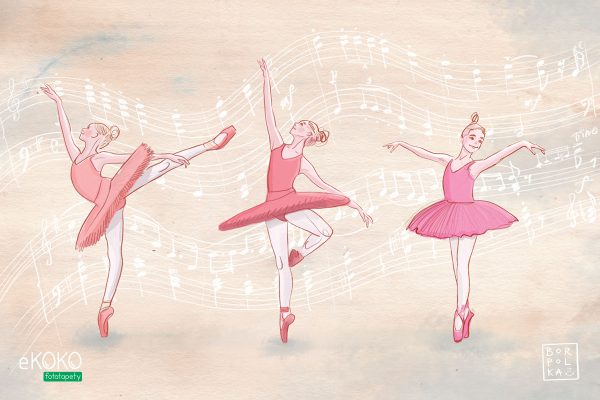 ballerinas dancing on an orange background filled with musical notes - children’s wall mural