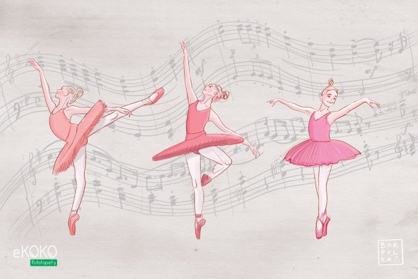 ballerinas dancing on a gray background filled with musical notes - children’s wall mural