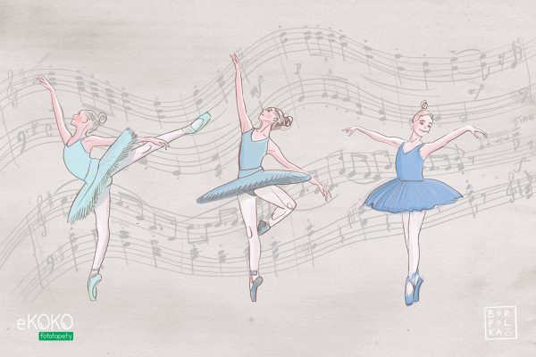 ballerinas dancing on a gray background filled with musical notes - children’s wall mural