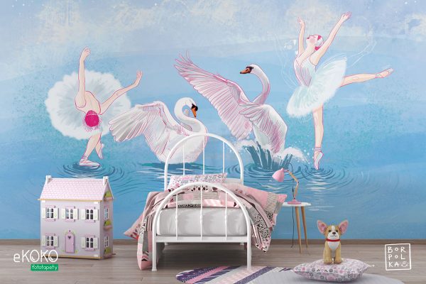 ballerinas and swans dancing together on the water - children’s wall mural