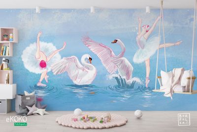 ballerinas and swans dancing together on the water - children’s wall mural