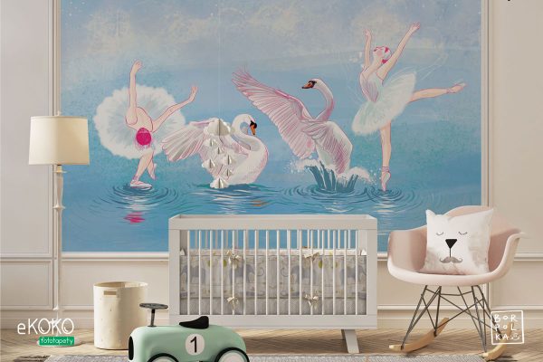 ballerinas and swans dancing together on the water - children’s wall mural