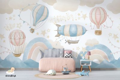 colorful balloons in the clouds above rainbows amidst the hills - children’s wall mural