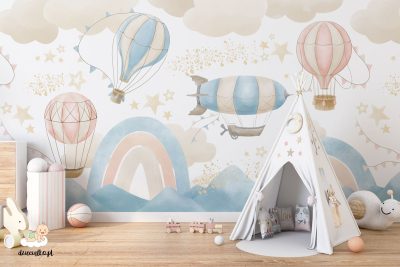 colorful balloons in the clouds above rainbows amidst the hills - children’s wall mural