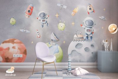 planets, astronauts, spaceships, satellites, and extraterrestrials on a gray background - children’s wall mural