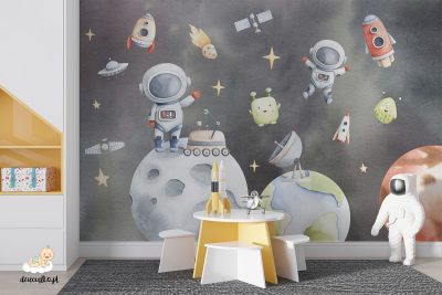 planets, astronauts, spaceships, satellites, and extraterrestrials on a gray background - children’s wall mural
