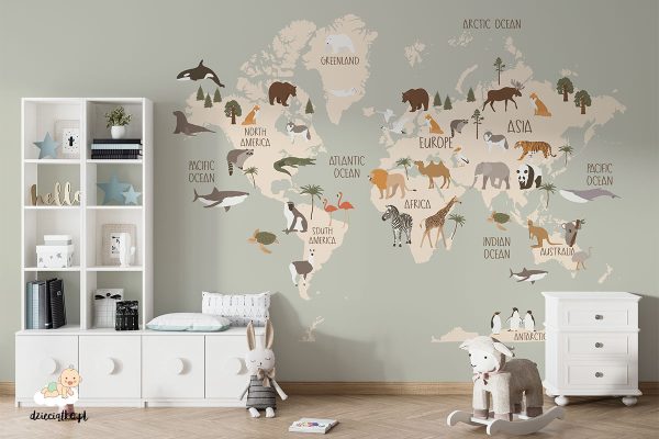 map with animals on a pistachio background - children’s wall mural