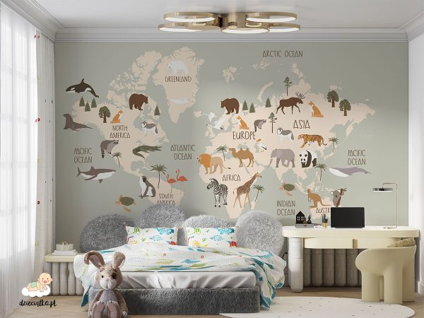 map with animals on a pistachio background - children’s wall mural