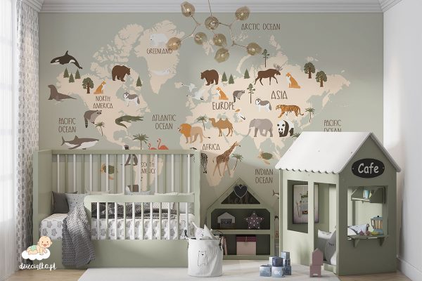 map with animals on a pistachio background - children’s wall mural