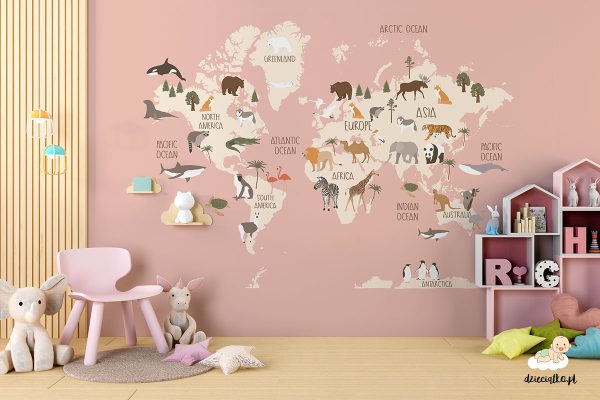 map with animals on a pink background - children’s wall mural