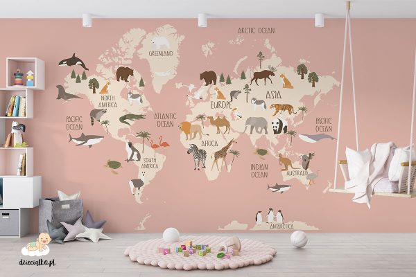 map with animals on a pink background - children’s wall mural